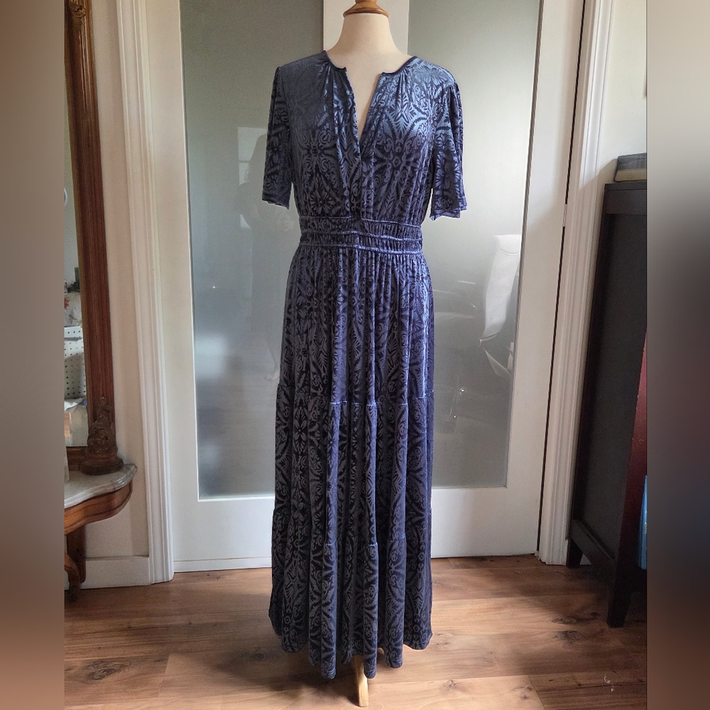 Elegant Teal Blue Patterned Maxi Dress XL